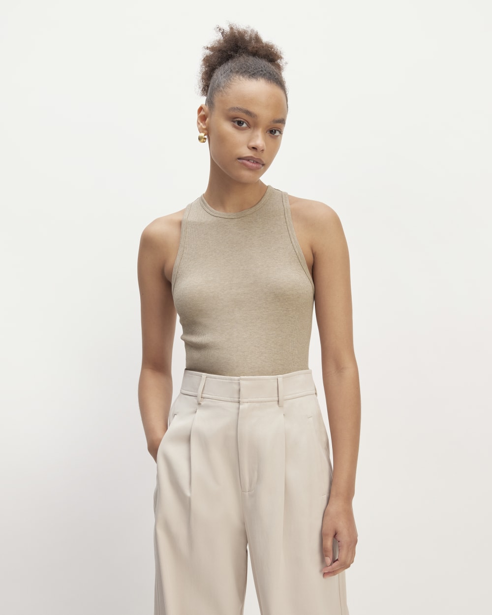 The Luxe Rib Racerback Tank in Heathered Tan — front view