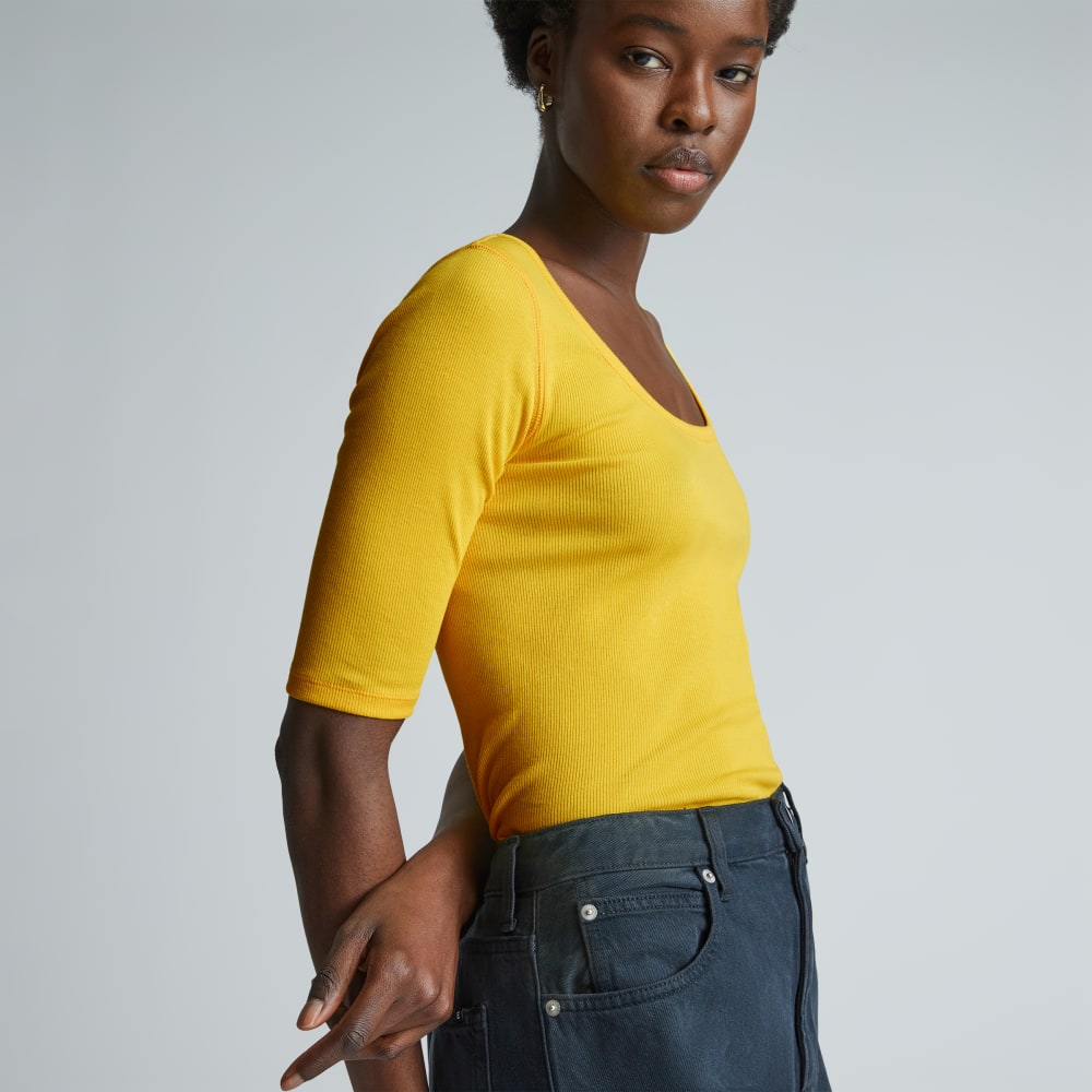 The Luxe Micro-Rib Scoop-Neck Tee in High Visibility Yellow — detail view