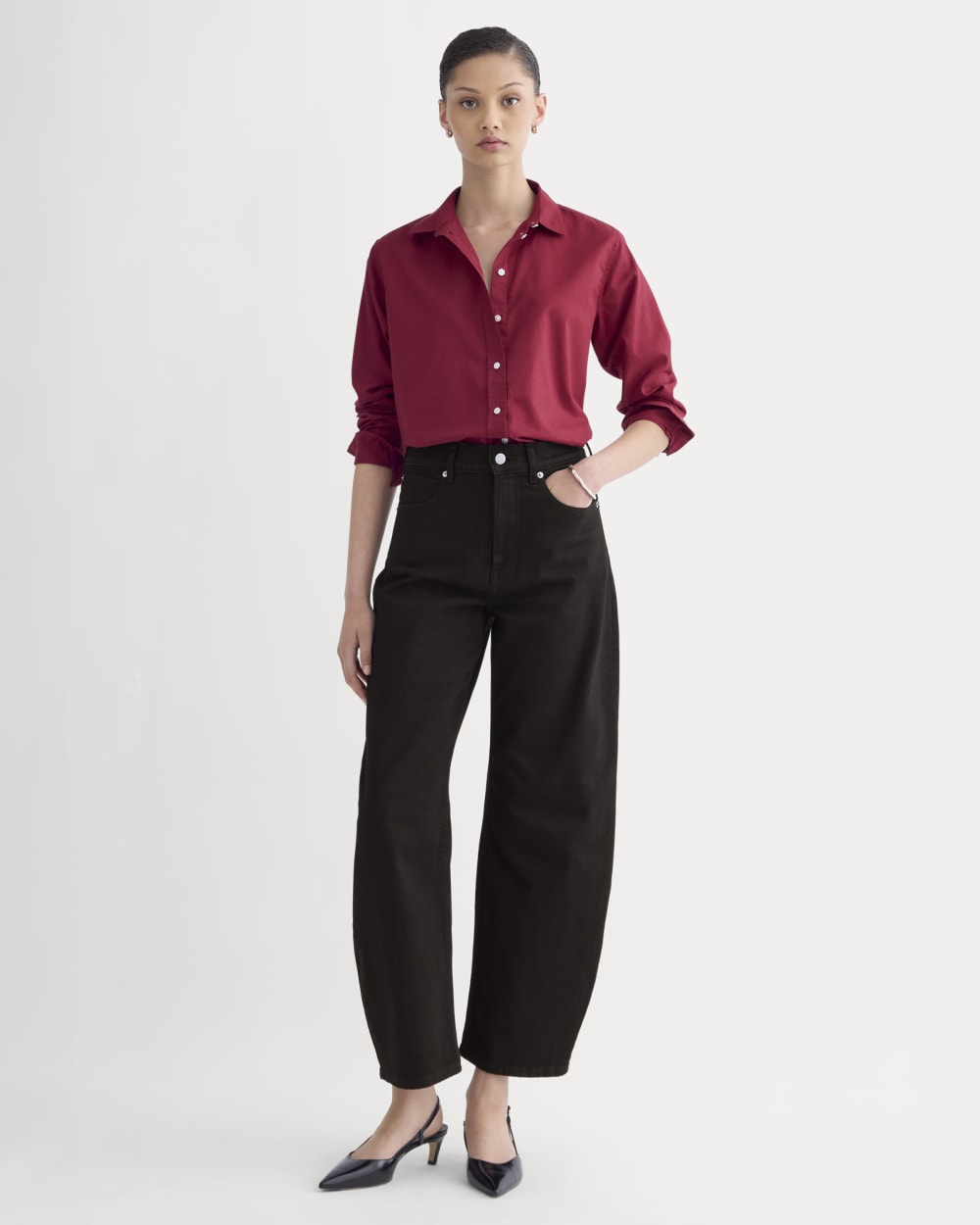 The Must-Have Shirt in Silky Cotton in Merlot — detail view
