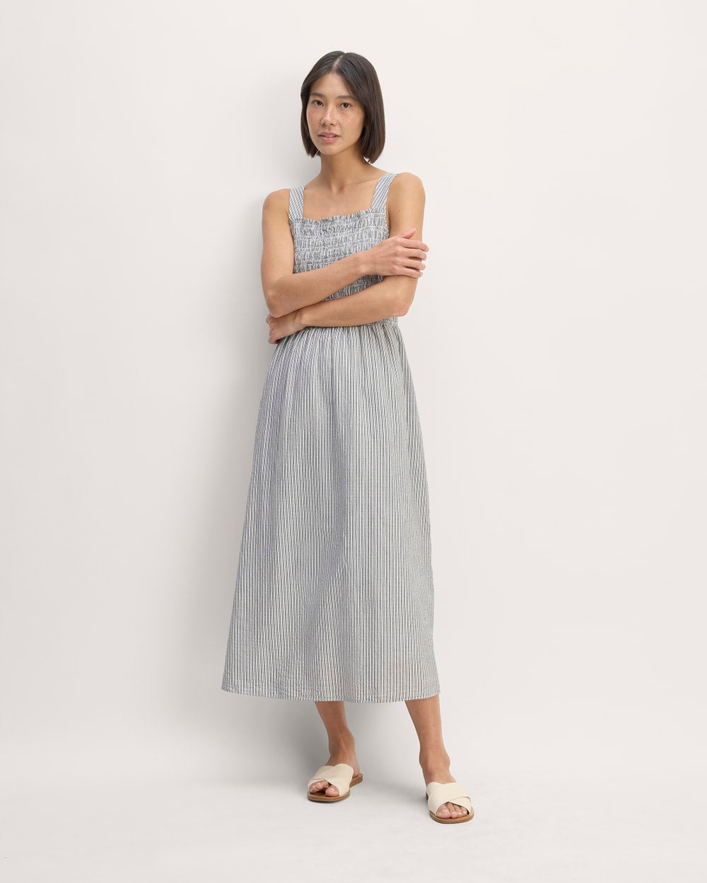 The Gauze Smock Dress in White / Black — front view