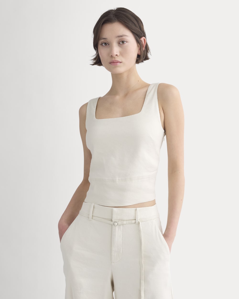 Square Tank in Stretch Linen in Birch — front view