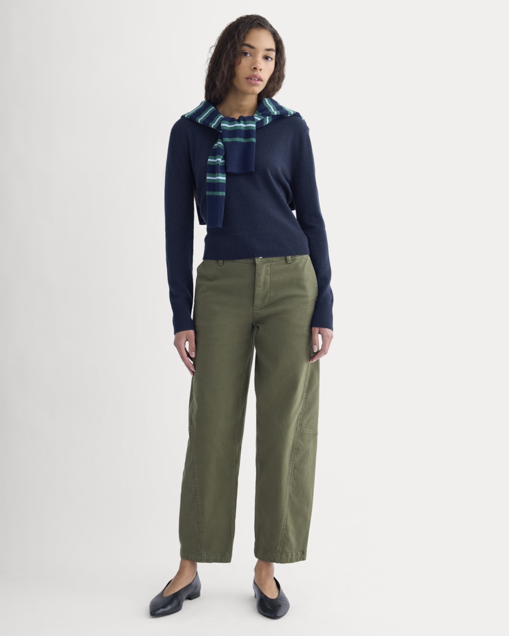 Twisted Seam Barrel Pant in Olive Night — front view
