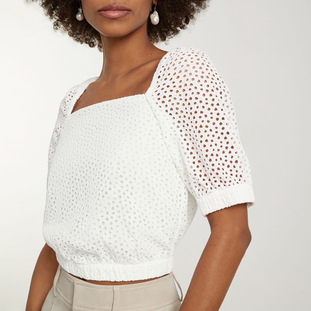 The Eyelet Puff Sleeve Top in White — detail view