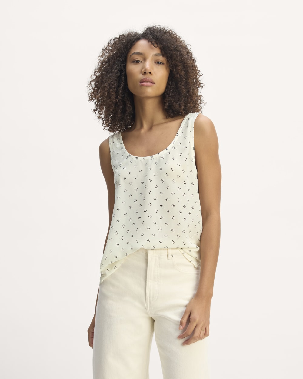 The Scoop Tank in Washable Silk in Bone / Black Square Dot — detail view