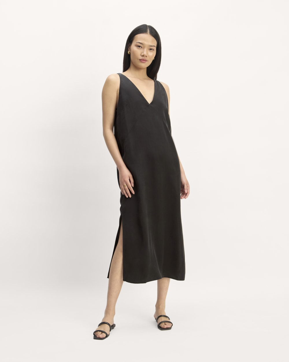 The TENCEL™ Midi Slip Dress in Black — front view