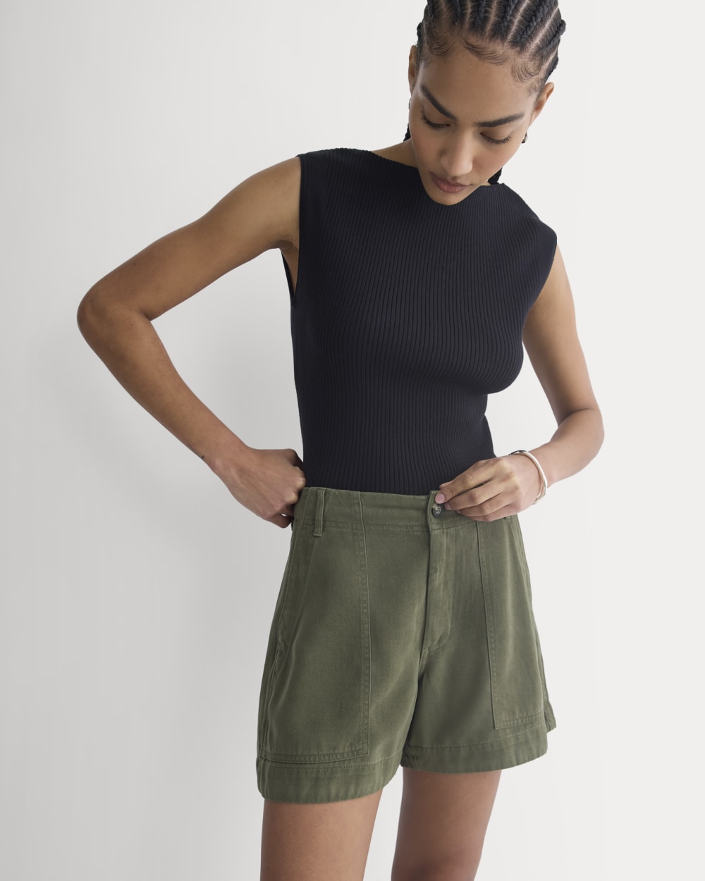 The Utility Short in Buttersoft in Olive Night — detail view