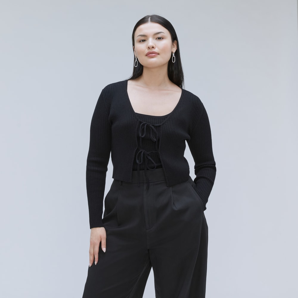 The Cotton-Merino Front-Tie Top in Black — front view