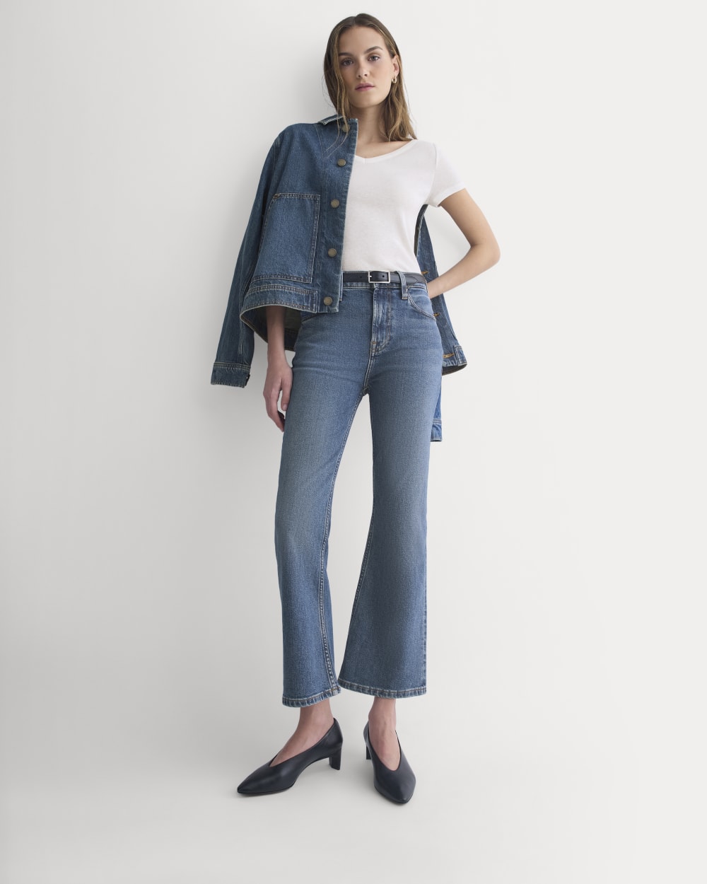 High-Rise Kick Flare Jean in Washed Indigo — detail view