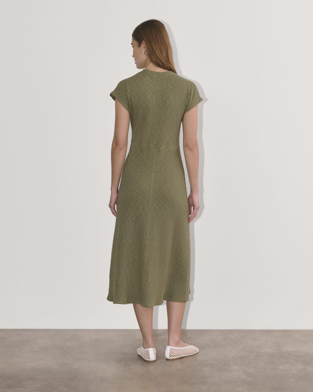 The Rib-Knit Cap-Sleeve Midi Dress in Kalamata — detail view