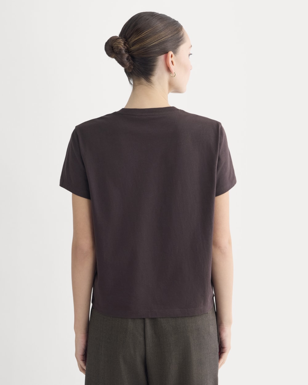 The Box-Cut Tee in Essential Cotton in Dark Chocolate — detail view
