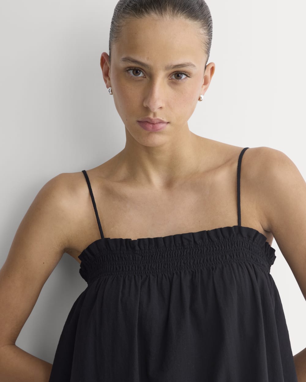 Gauze Smocked Dress in Black — detail view