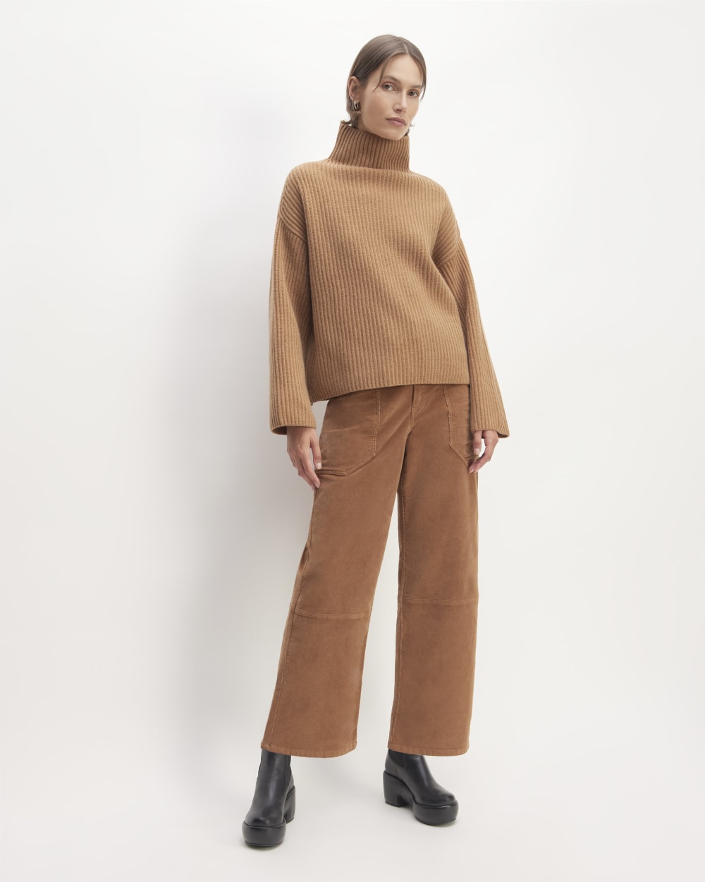 The Felted Merino Funnel-Neck Pullover in Deep Camel — detail view