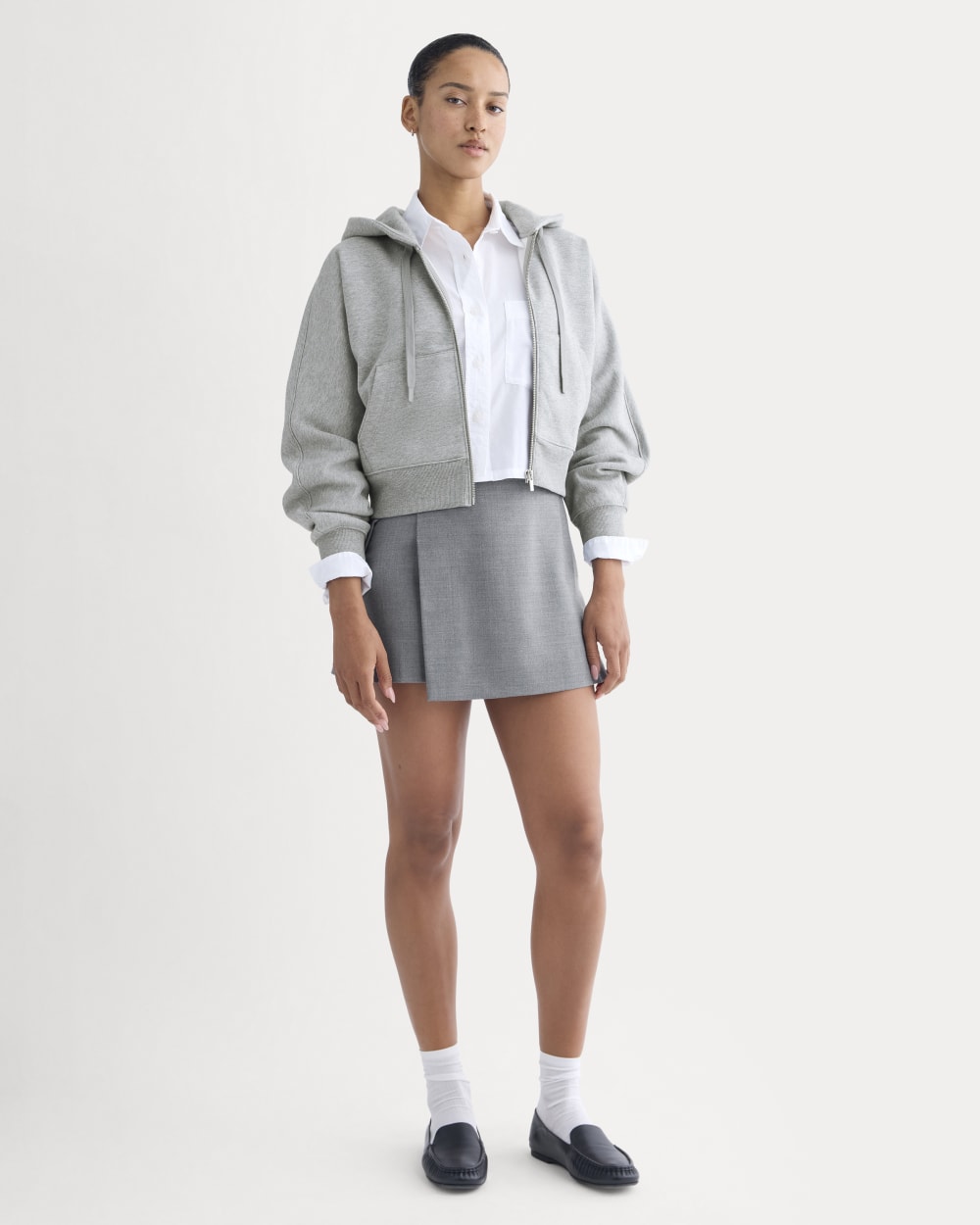 Luxe Fleece Full-Zip Cropped Hoodie in Vintage Heather Grey — detail view
