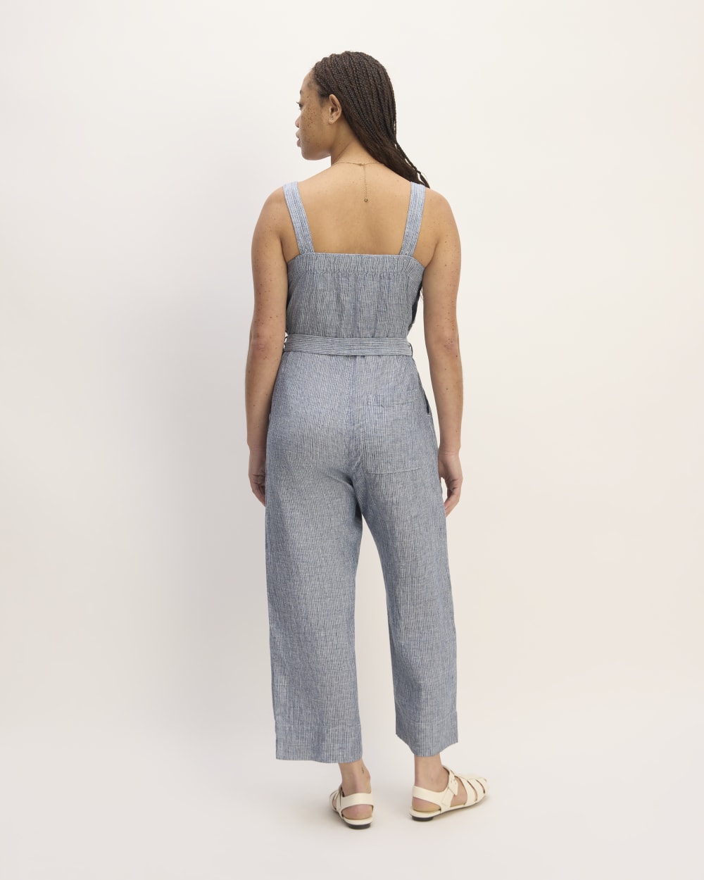 The Linen Side-Button Jumpsuit in White / Blue — detail view