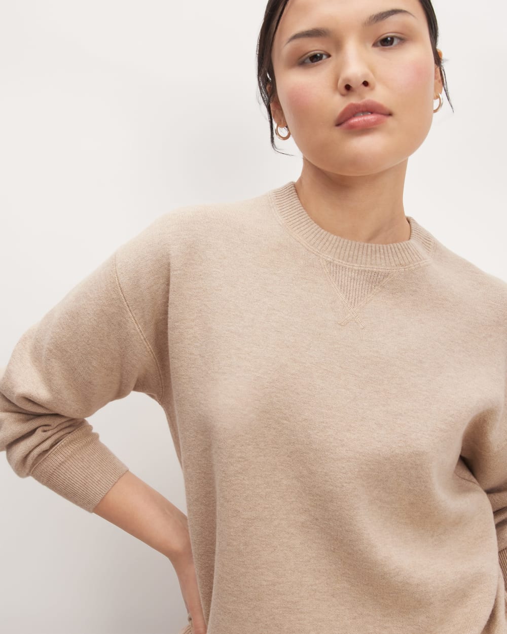 The Cotton-Merino Sweatshirt in Warm Oat Heather — detail view