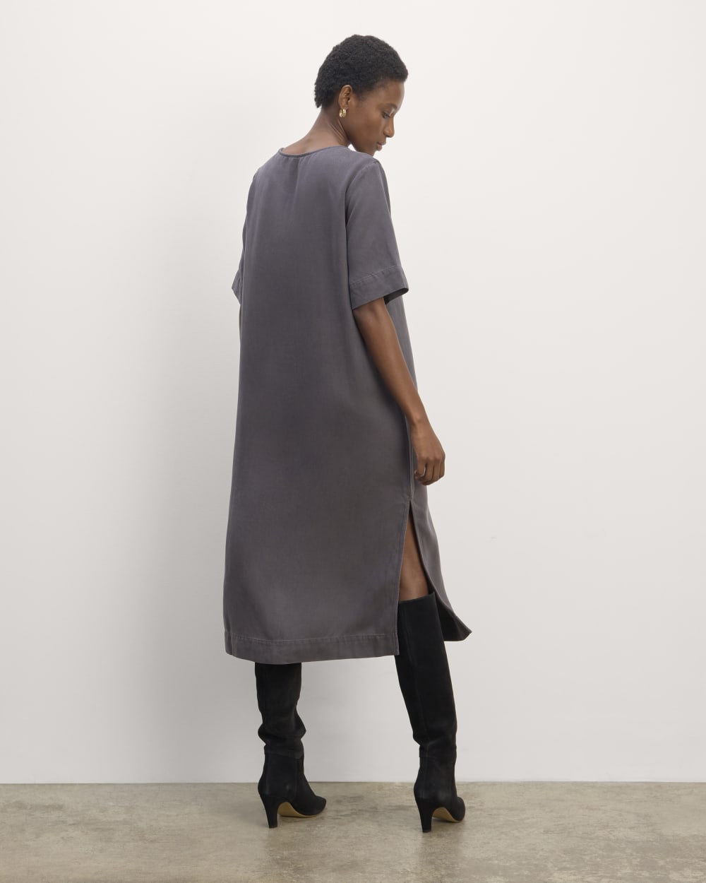 The Relaxed T-Shirt Dress in Buttersoft in Graphite — detail view