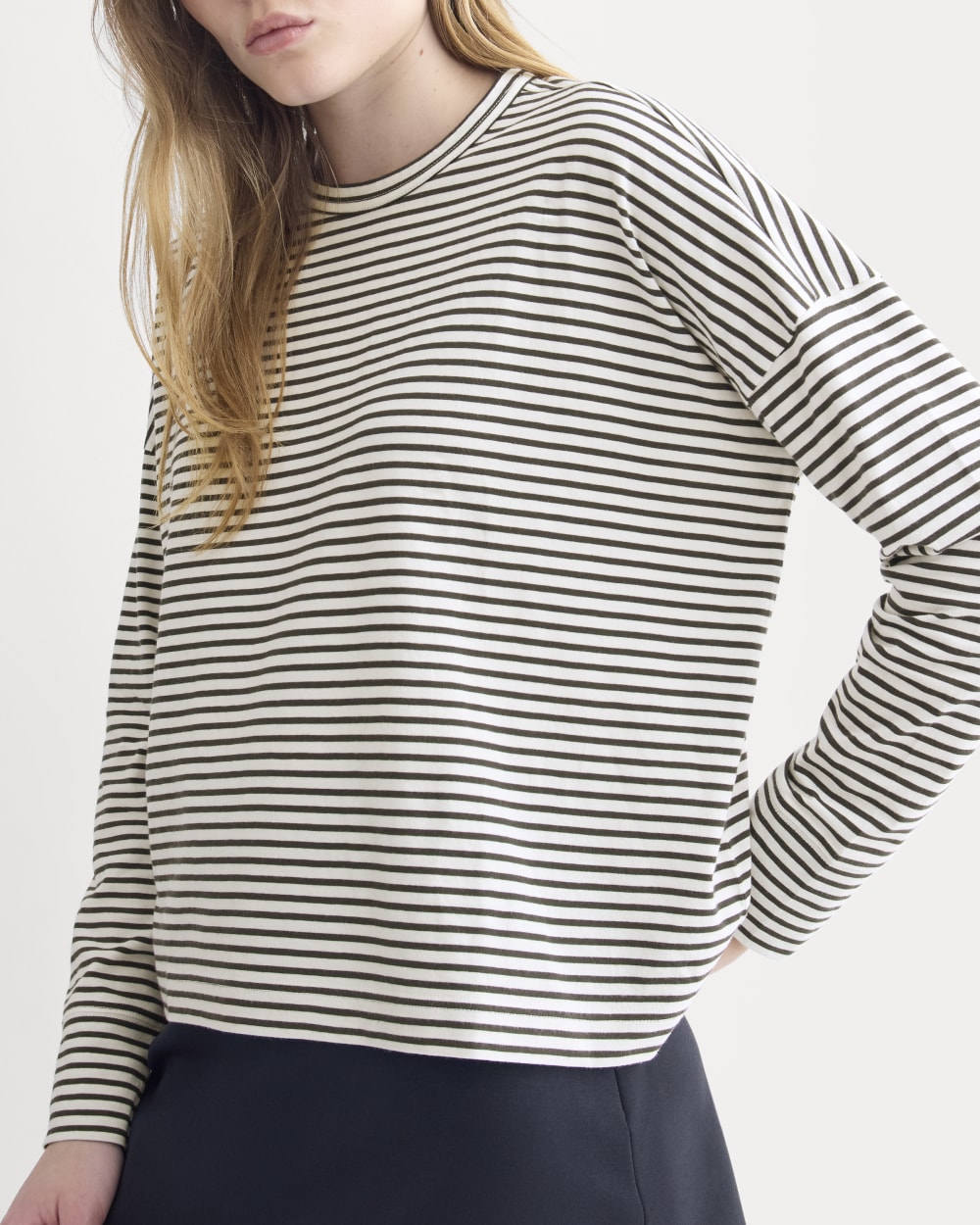 Oversized Boxy Crew in Essential Cotton in Bone / Pirate Black Stripe — detail view
