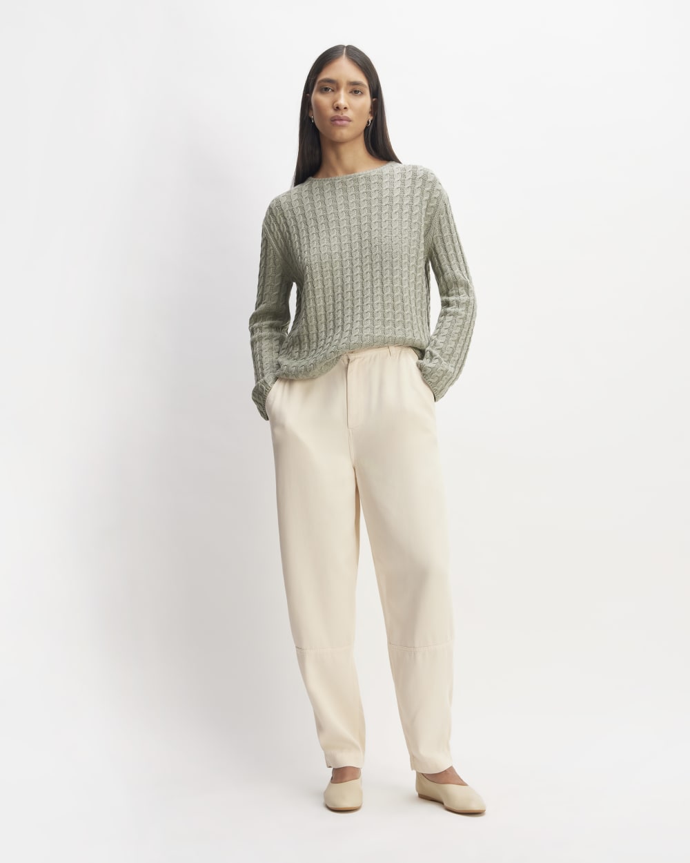 The Cotton Merino Cable Crew in Sage Green — detail view
