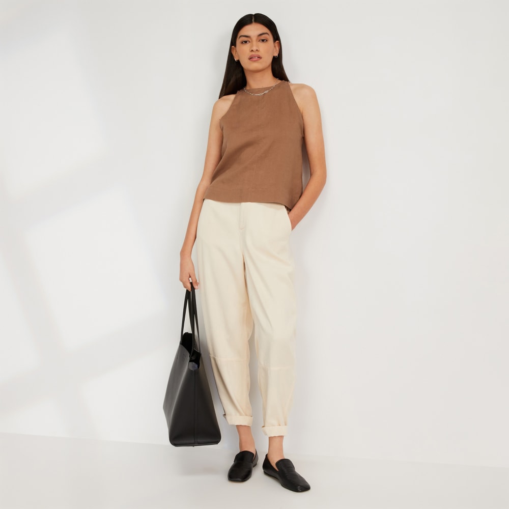 The Linen High-Neck Tank in Carob Brown — detail view