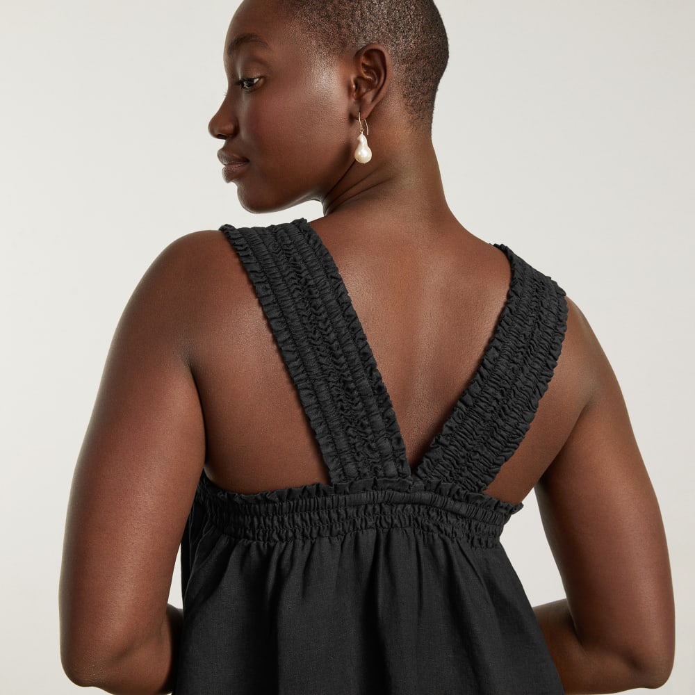 The Smocked Linen Dress in Black — detail view