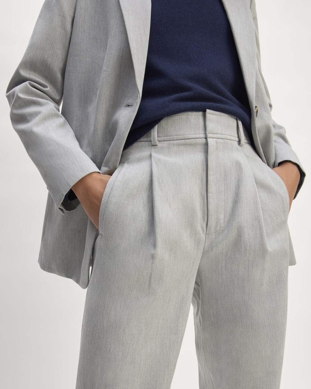 The Draper Pleated Pant in Buttersmooth in Heather Steel — detail view