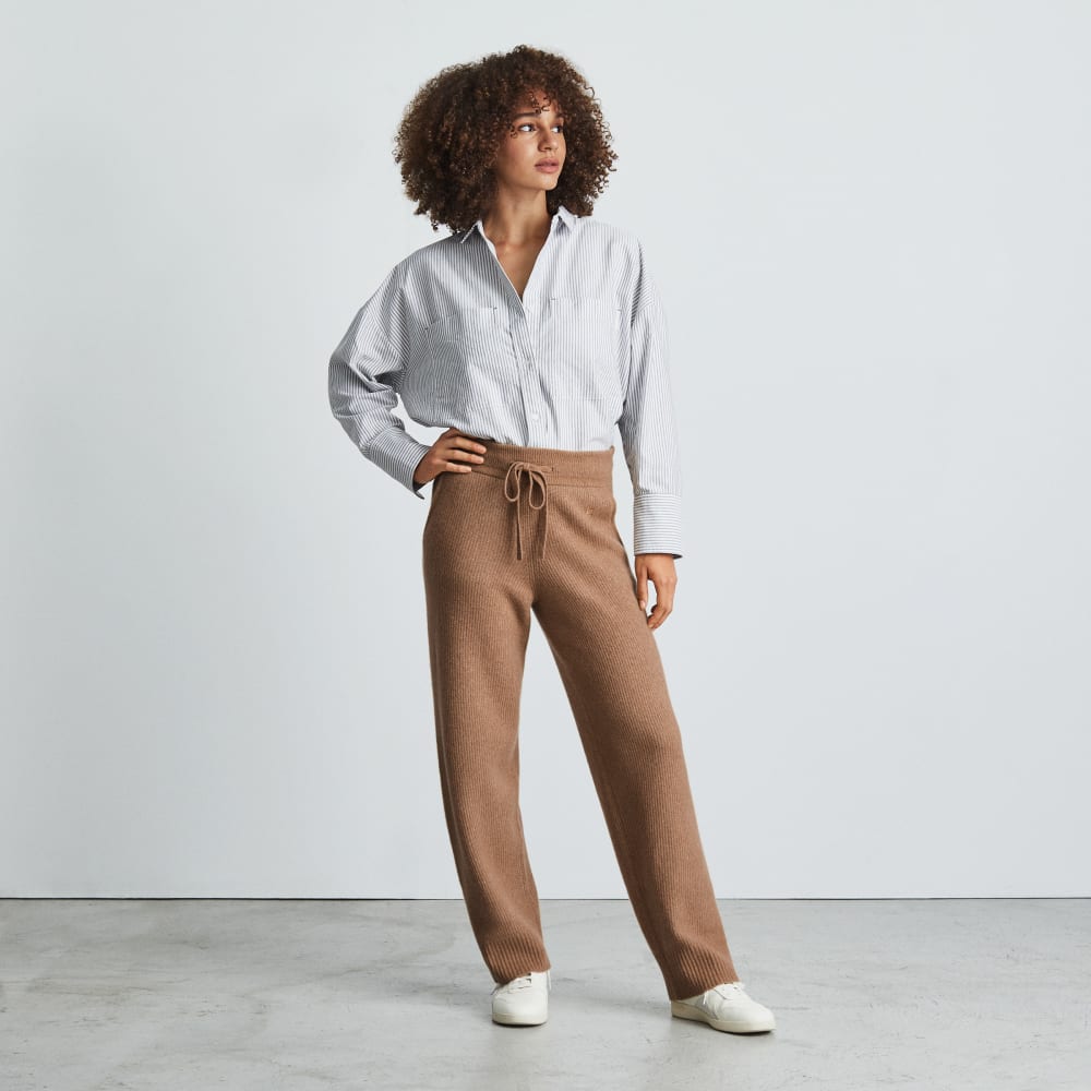 The Cozy-Stretch Wide-Leg Sweatpant in Camel — detail view