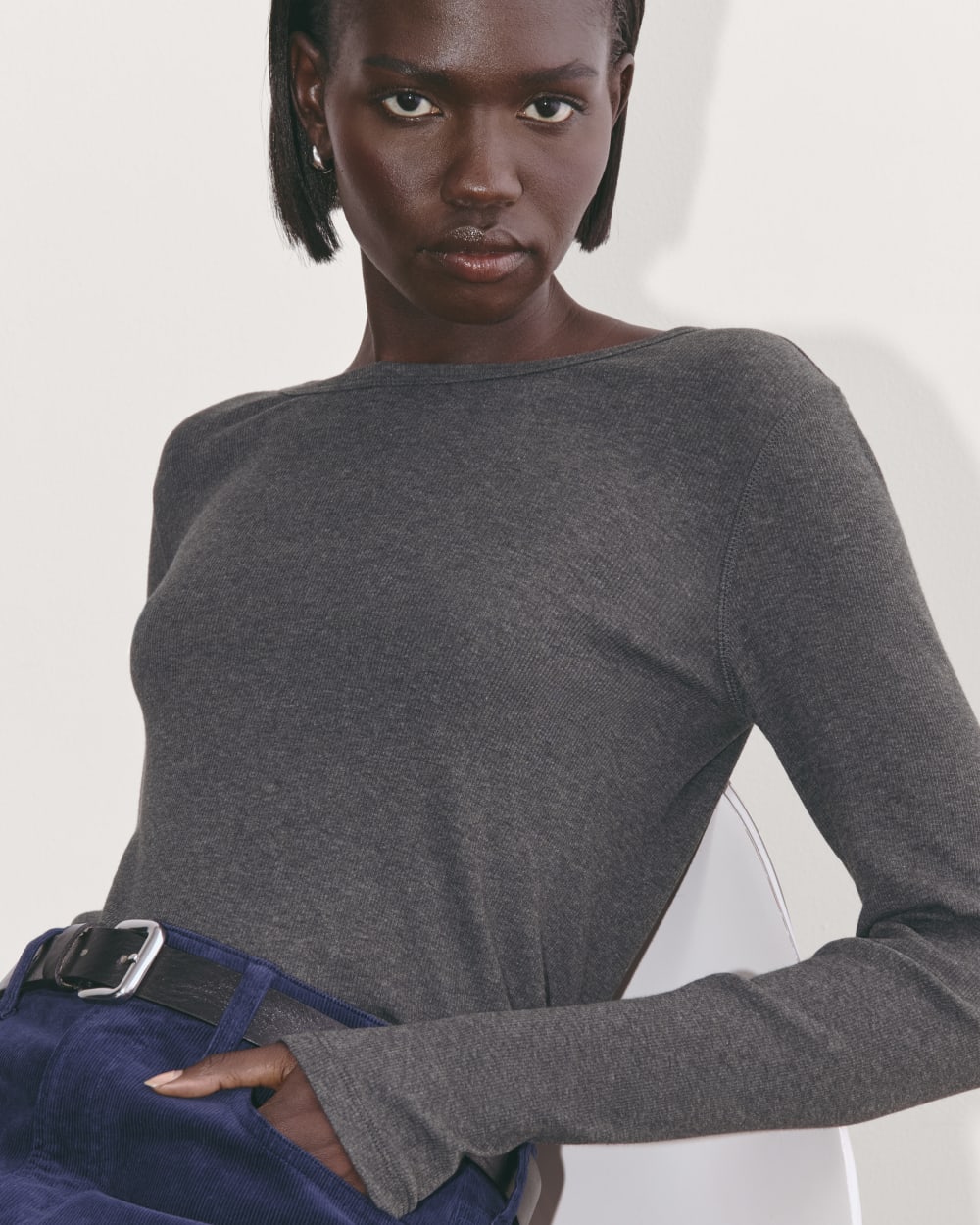 The Luxe Rib Long-Sleeve Crew in Heathered Soot — detail view