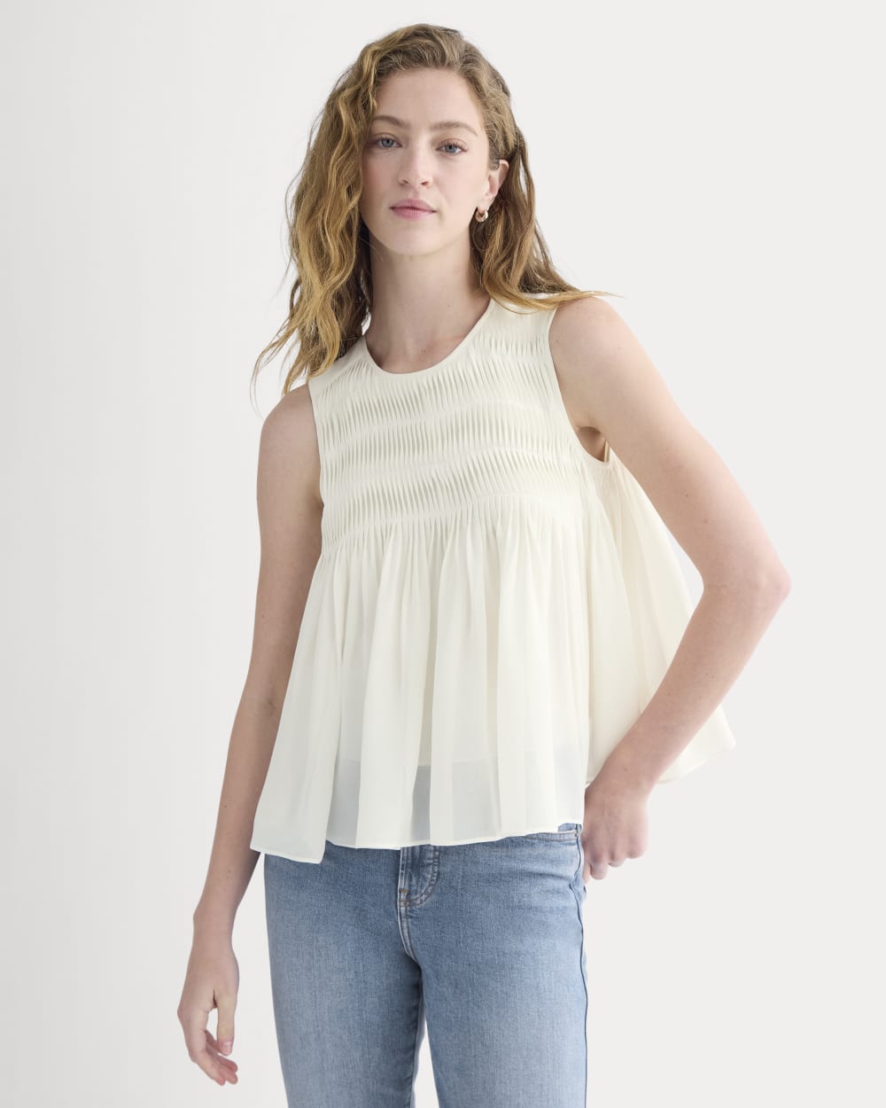 Twisted Pleat Tank in Silk Georgette in Bone — front view