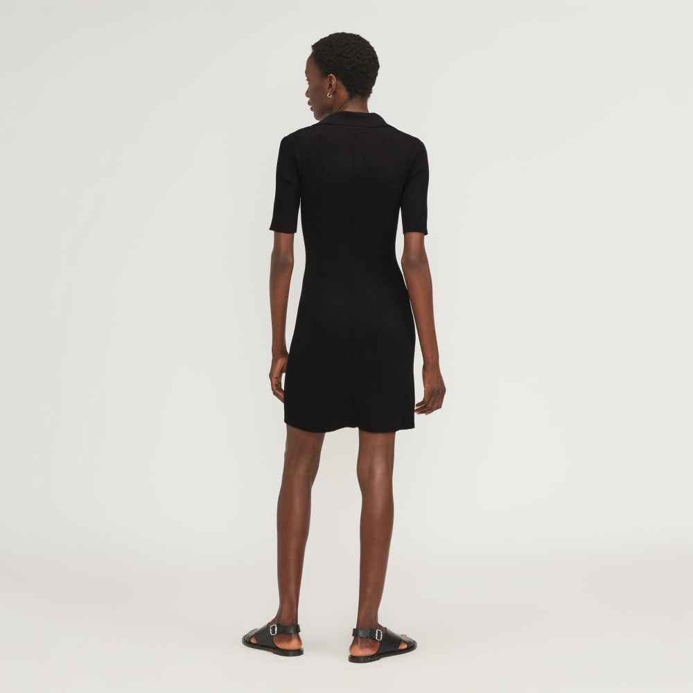 The Ribbed Short-Sleeve Polo Dress in Black — detail view