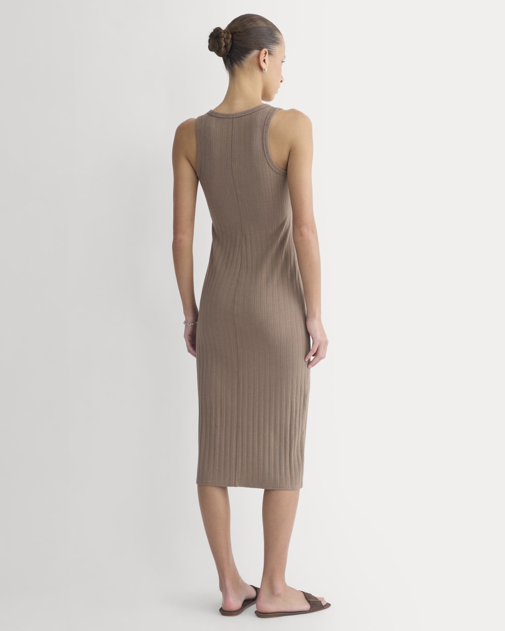 Scoop-Neck Midi Dress in Pointelle Knit in Heathered Chocolate Chip — detail view