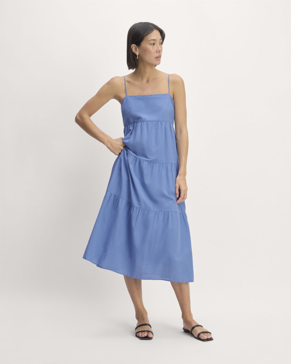 The Gauze Tiered Dress in Blue Opal — front view
