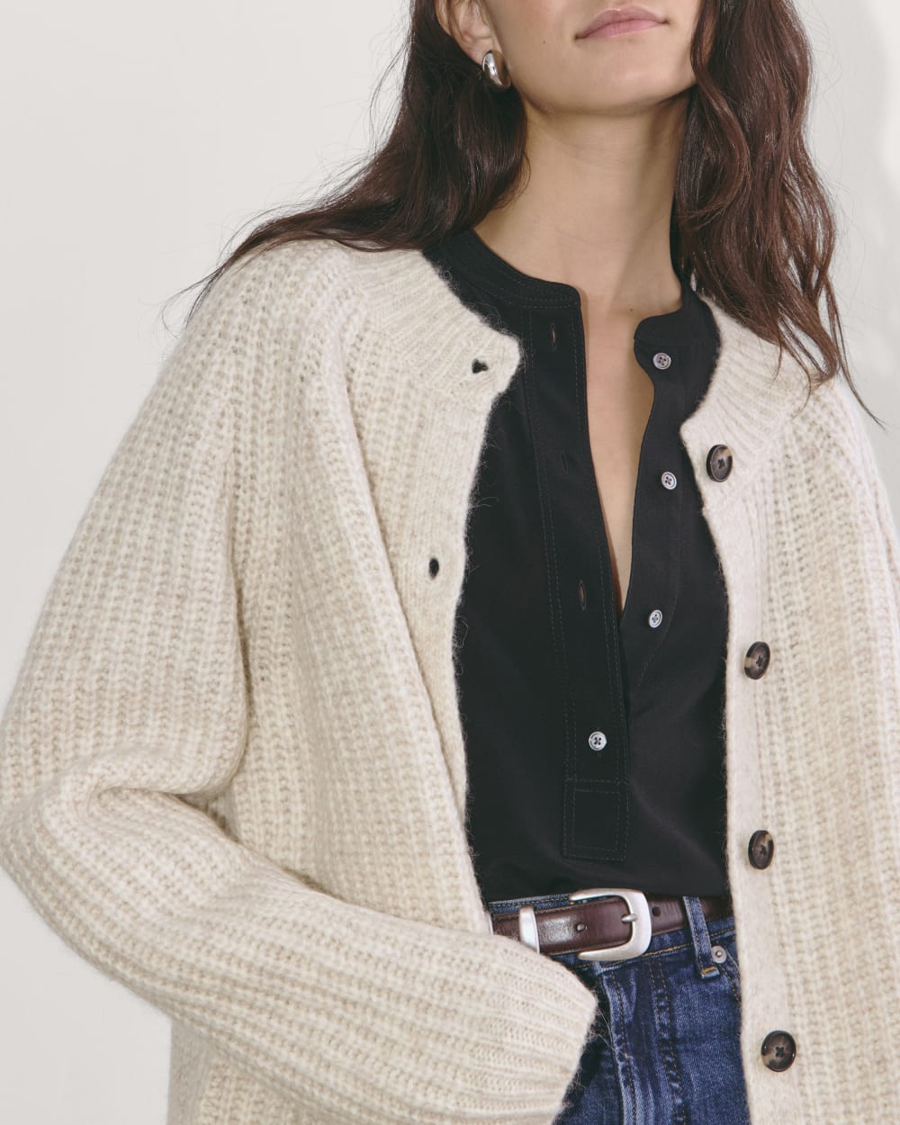 The Fisherman Cardigan in Cloud in Heathered Oat — detail view
