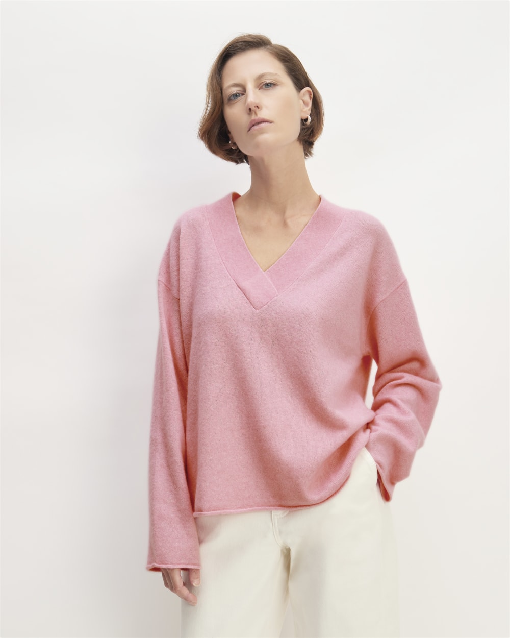 The Cozy-Stretch V-Neck Sweater in Pink Peony — front view
