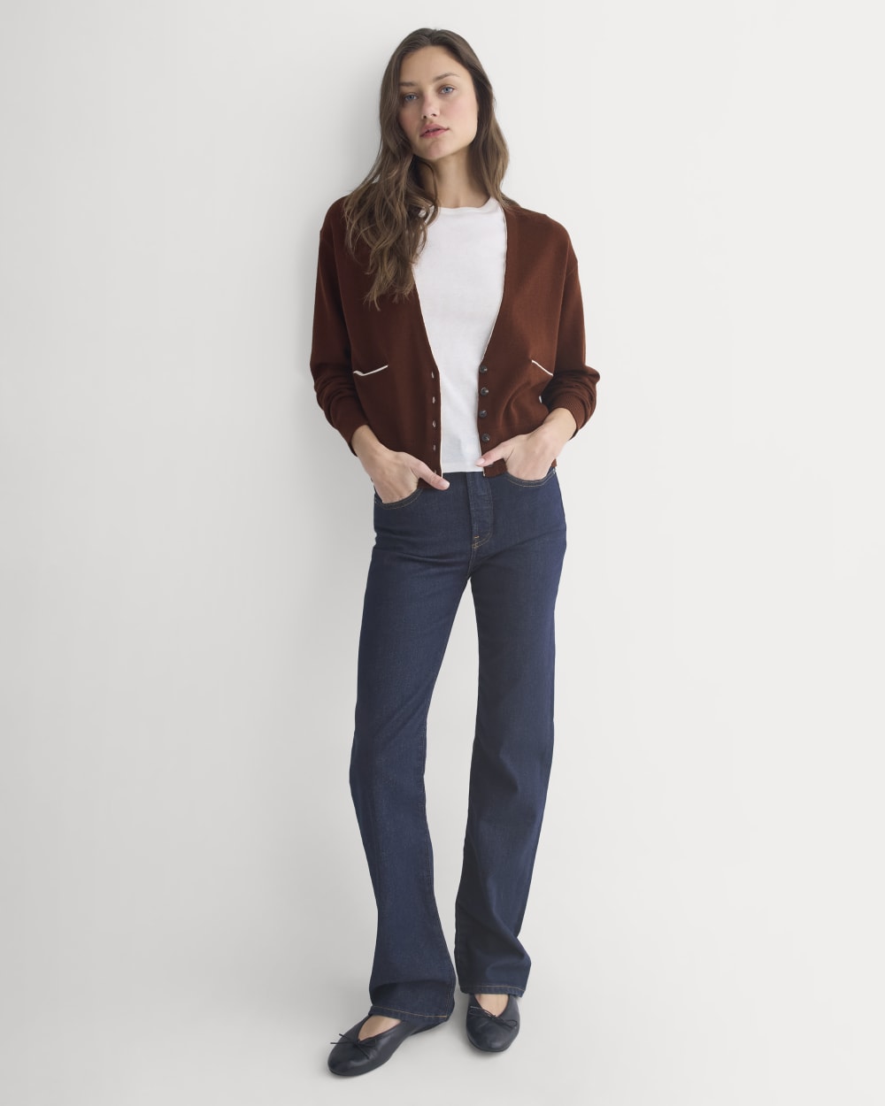 Deep V-Neck Cardigan in Cotton Merino in Whipped Cream — detail view