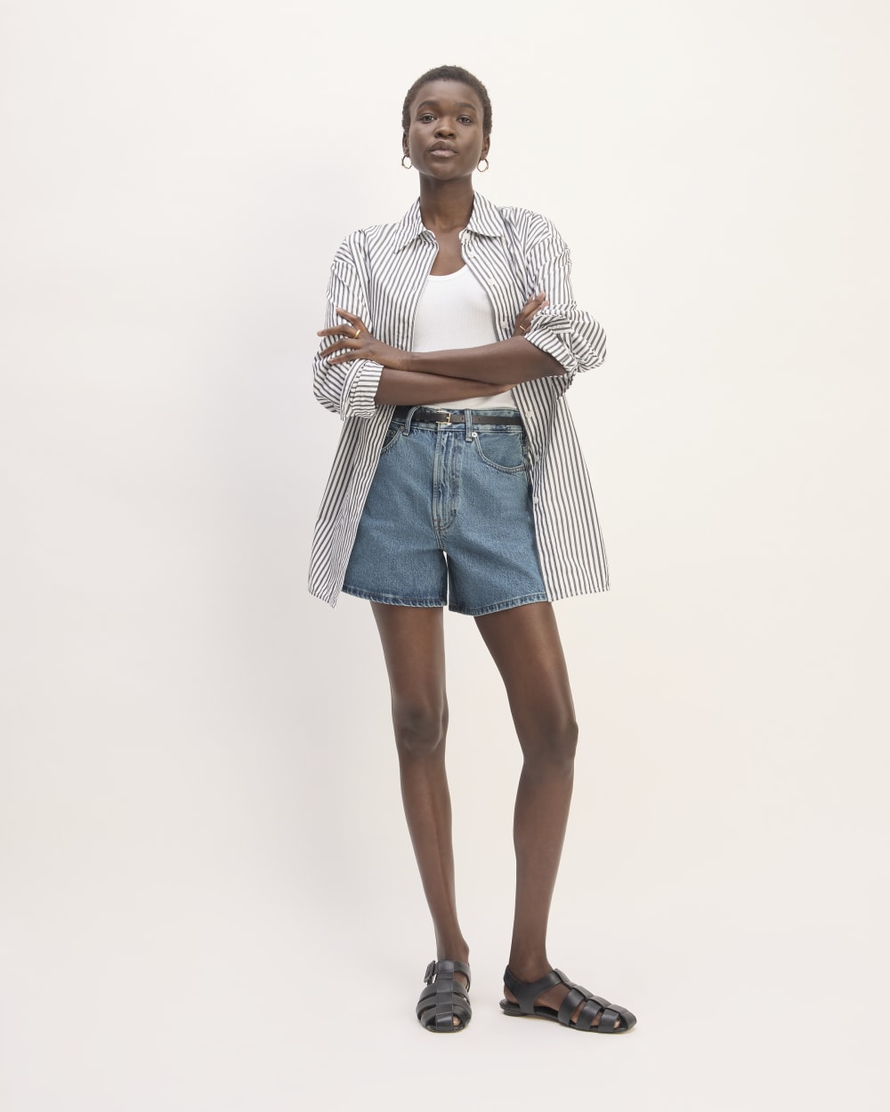 The A-Line Denim Short in Mid Blue — front view