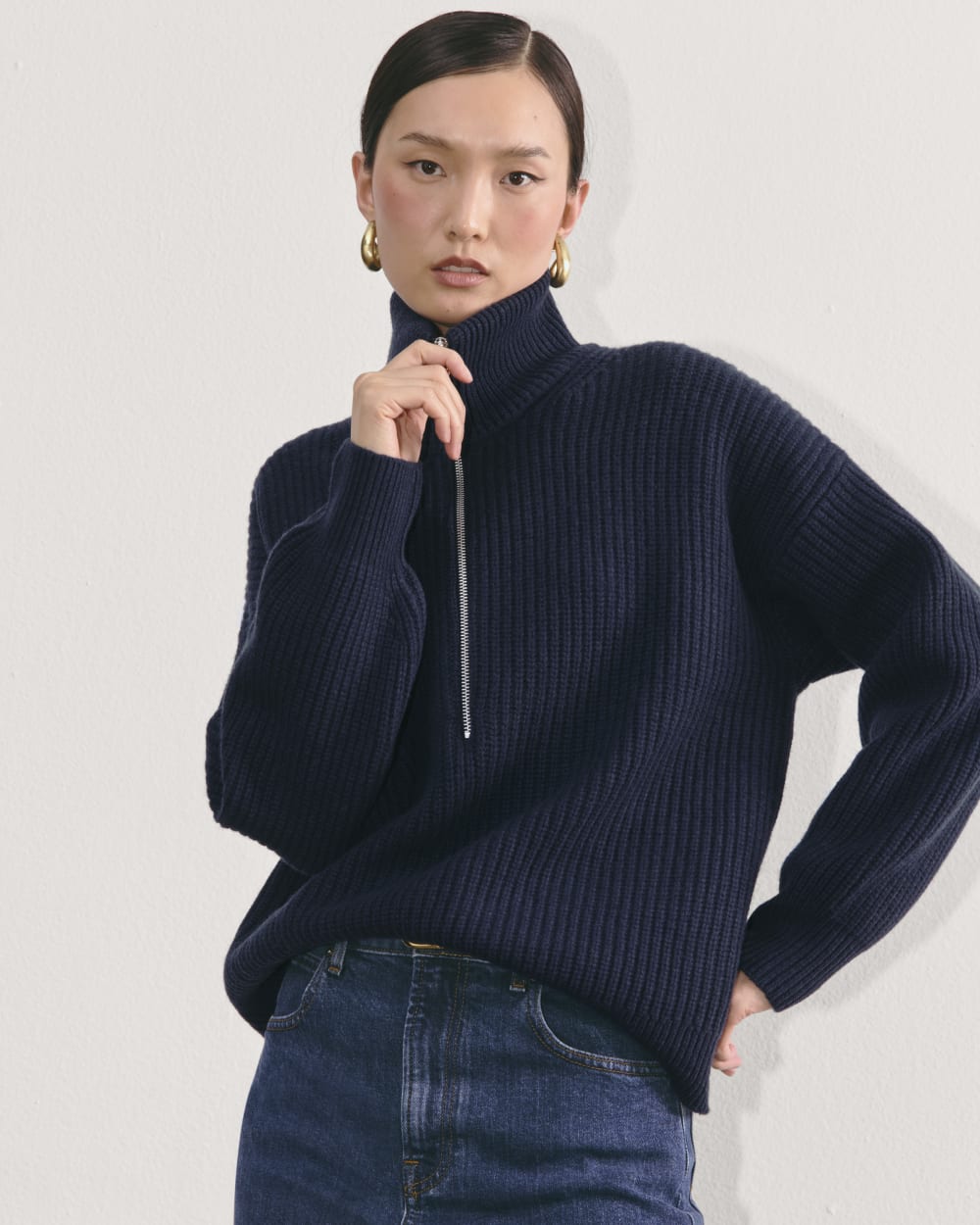 The Half-Zip Sweater in Luxe Merino in Navy — front view
