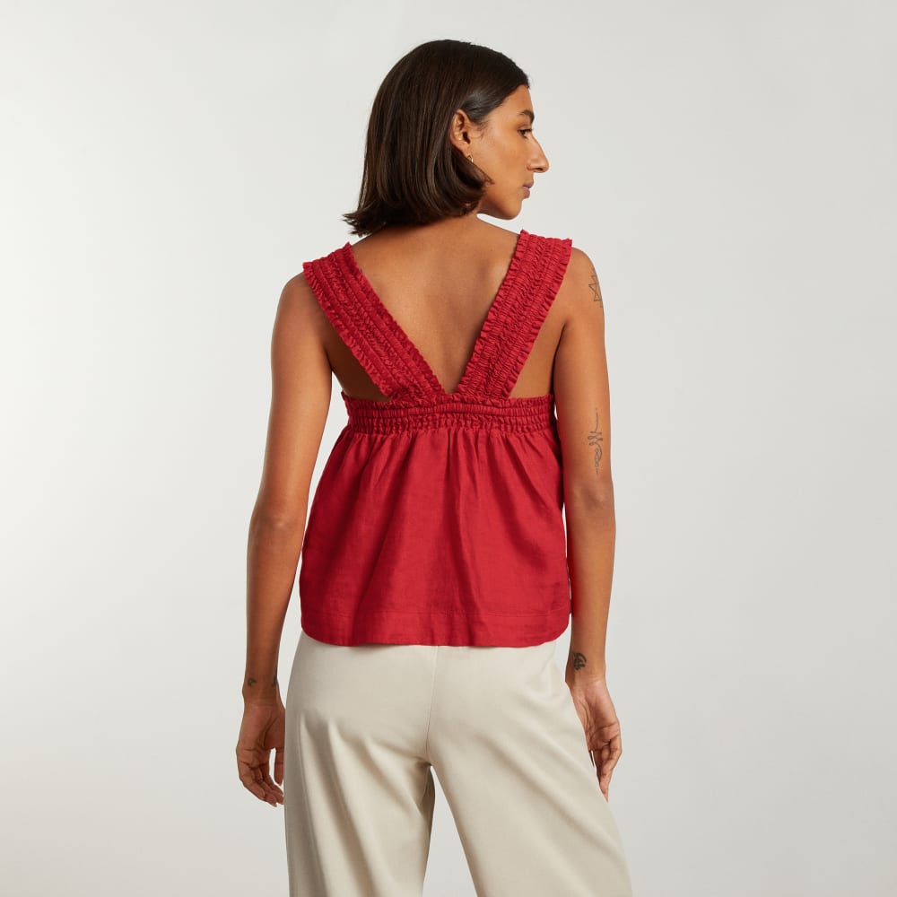 The Smocked Linen Cami in Goji Berry — detail view