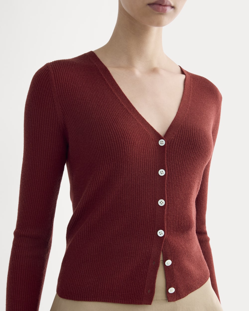 The Cardigan in Ultrasoft Merino in Merlot — detail view