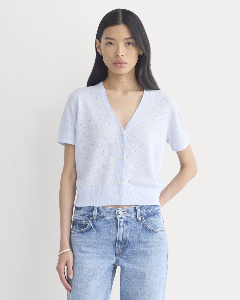 Lace Trim Cardigan in Fine Linen in Skywriting — front view