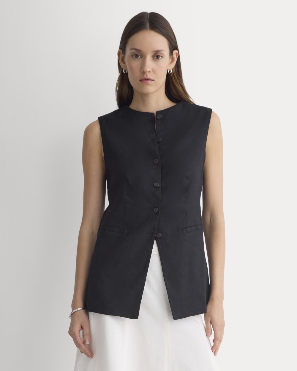 Long Vest in Stretch Linen in Black — front view