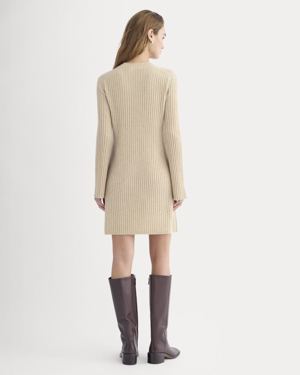 Cashmere Long-Sleeve Mini Dress in Heather Light Camel — detail view