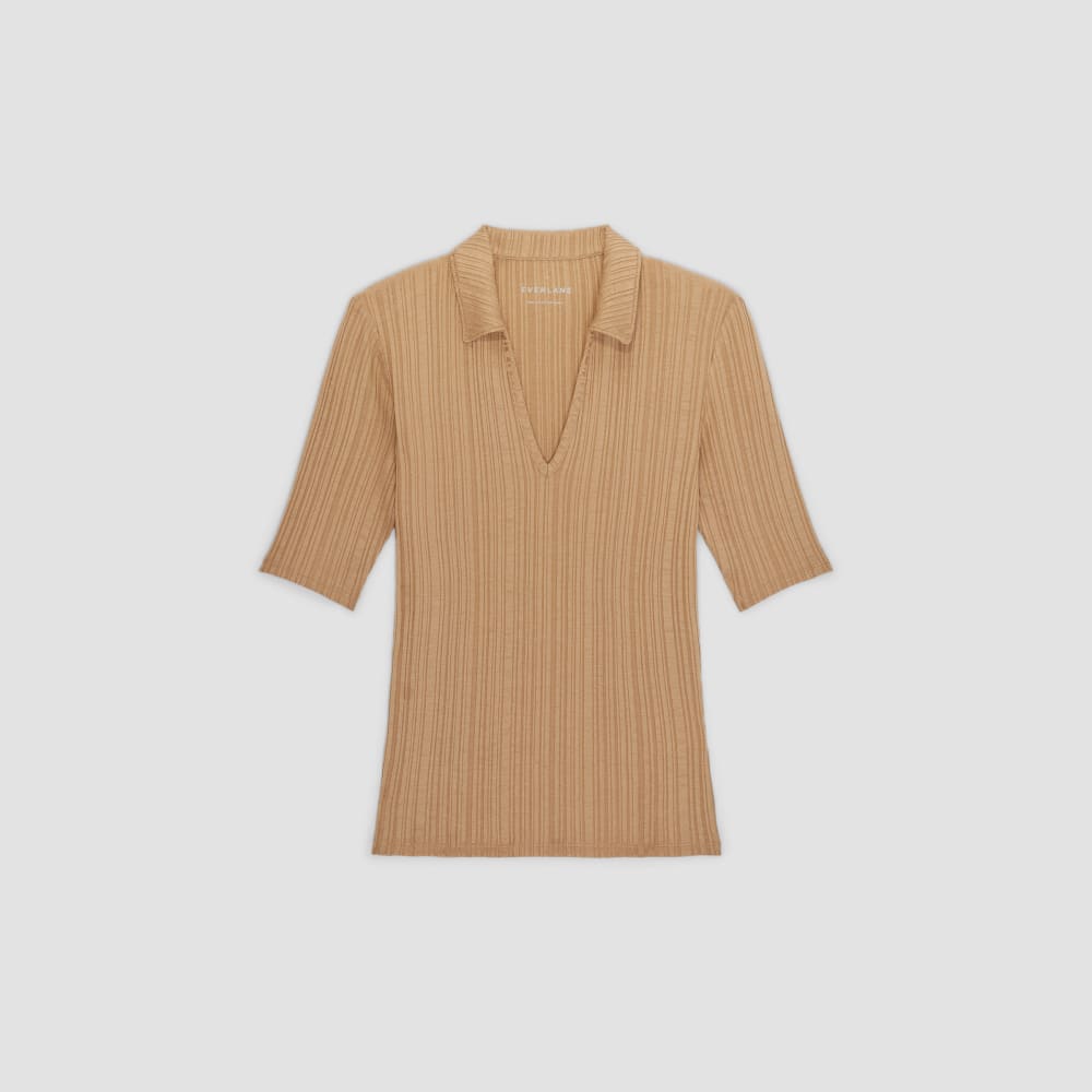 The Rib Soft Knit Open Collar Polo in Caramel — alternate view
