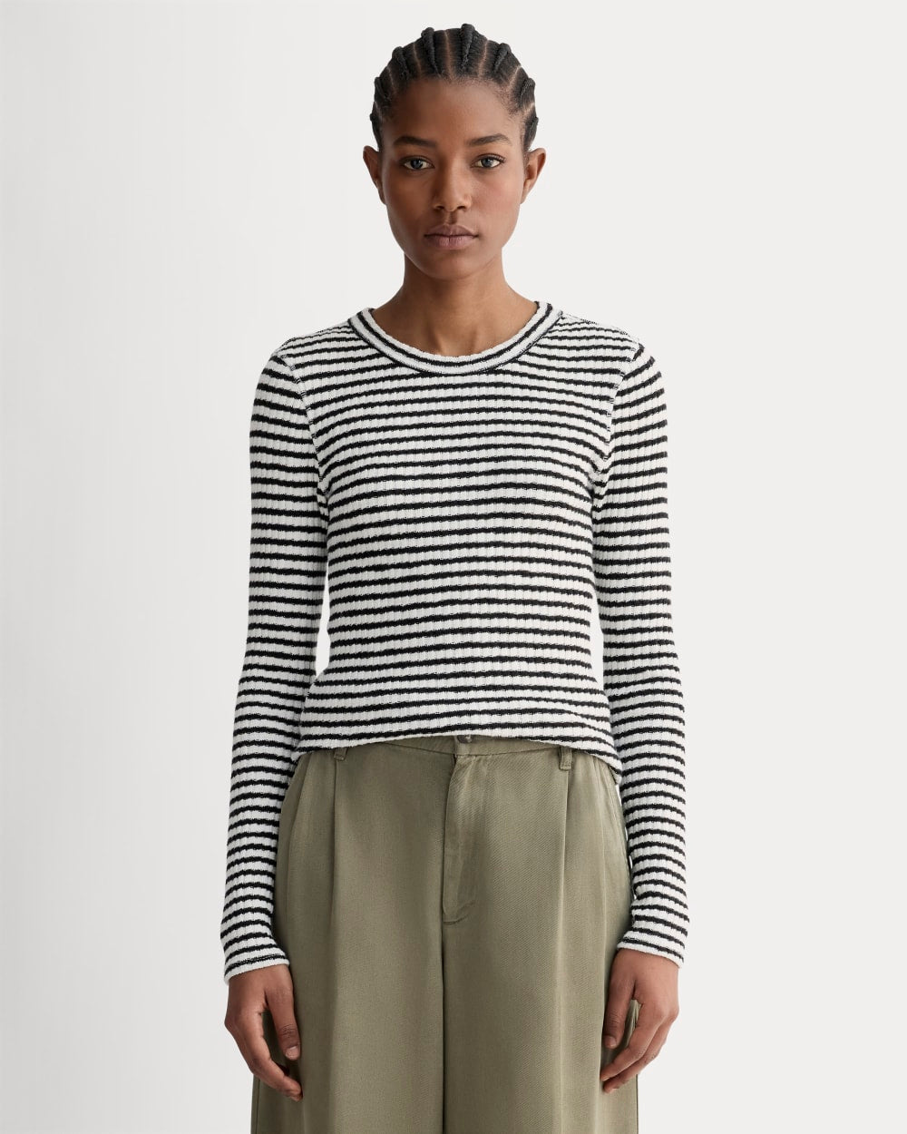 The Cozy Rib Long-Sleeve Tee in Bone / Black — front view