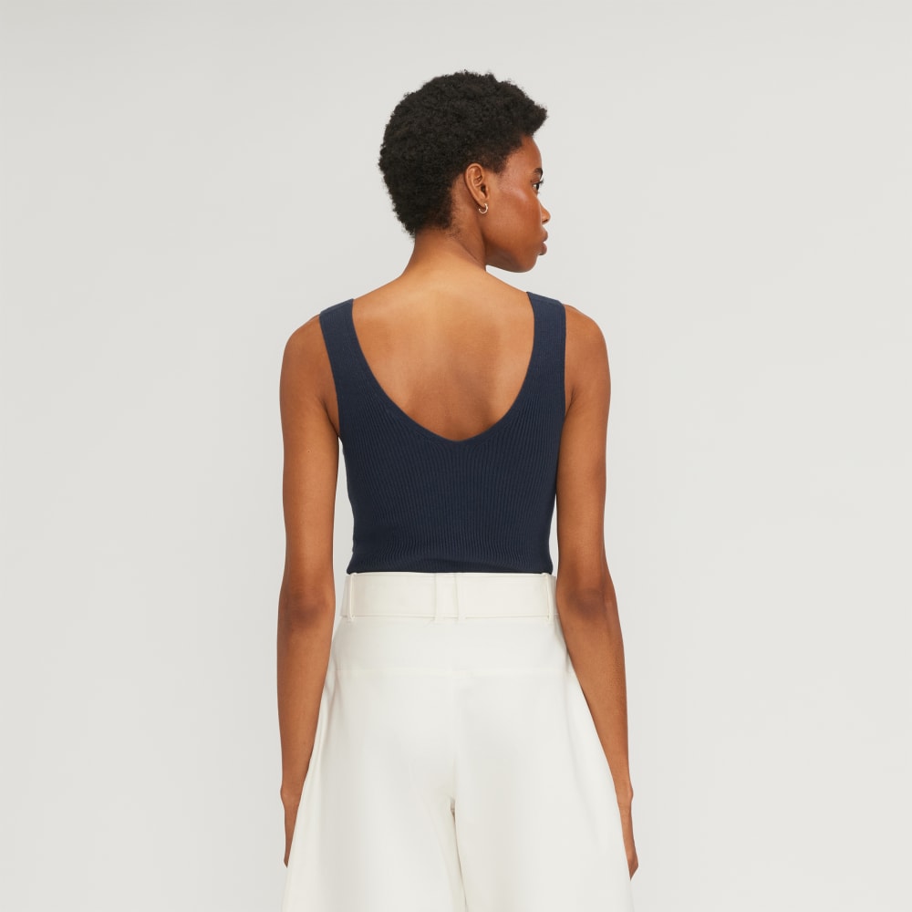 The Ribbed Cotton Double V Top in Navy — detail view