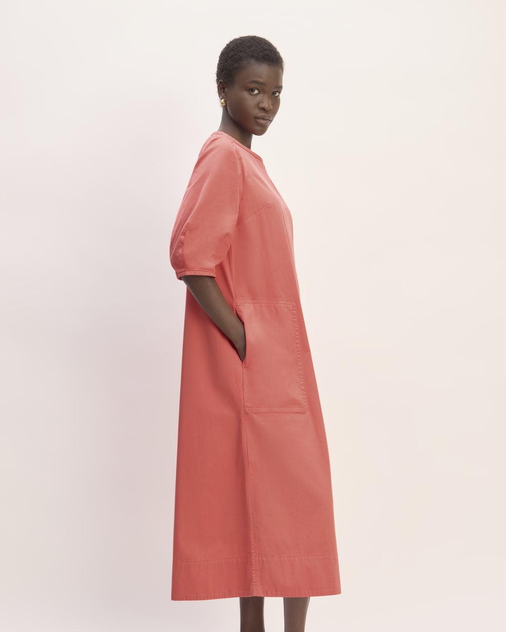 The Short-Sleeve Puff Midi Dress in Coral — detail view