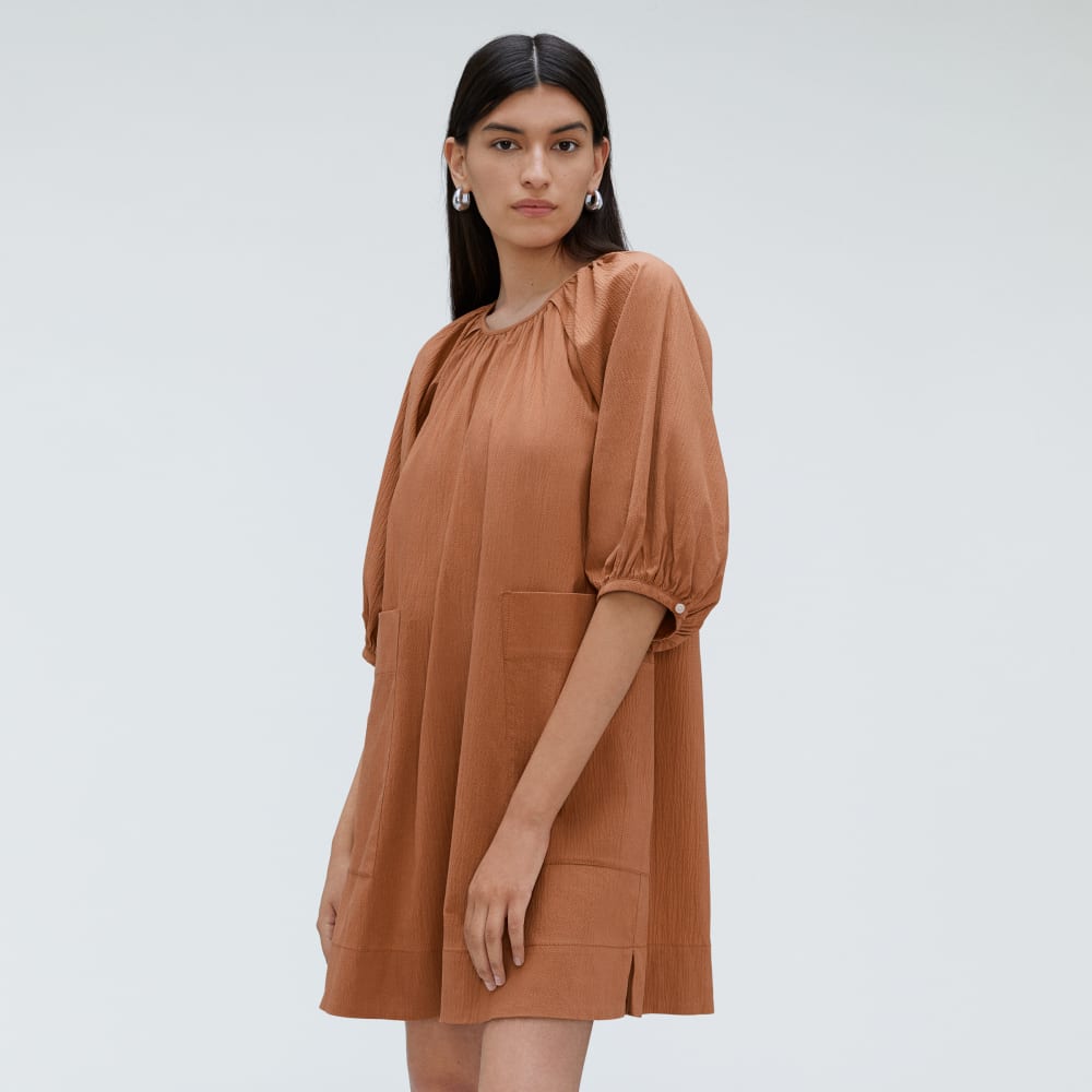 The Seersucker Puff Sleeve Dress in Tawny Brown — detail view