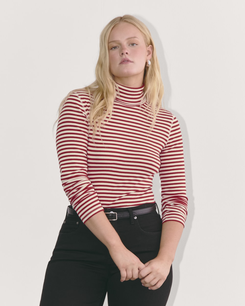 The Luxe Rib Turtleneck in Bone / Berry Red — front view