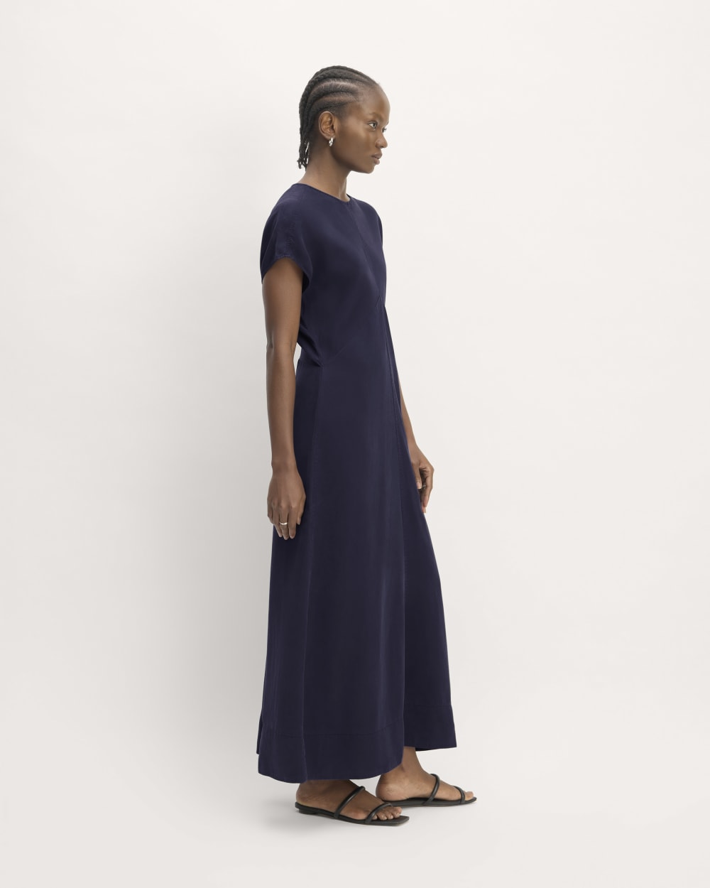The TENCEL™ Short-Sleeve Midi Dress in Navy — detail view