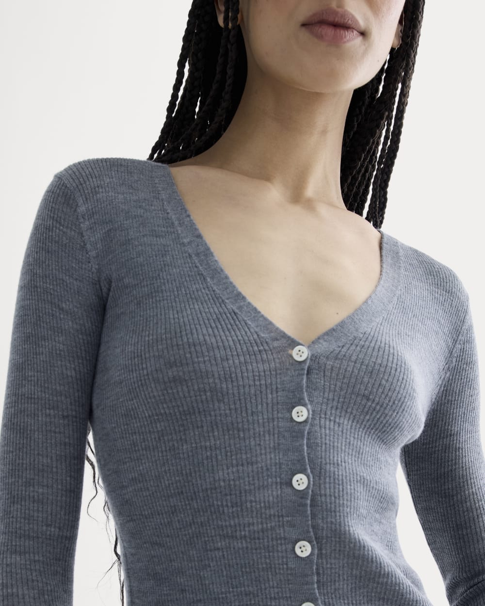 The Cardigan in Ultrasoft Merino in Heather Mid Grey — detail view