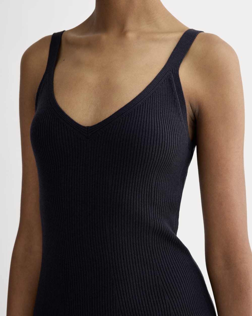 The Fine Knit Cami Dress in Navy — detail view